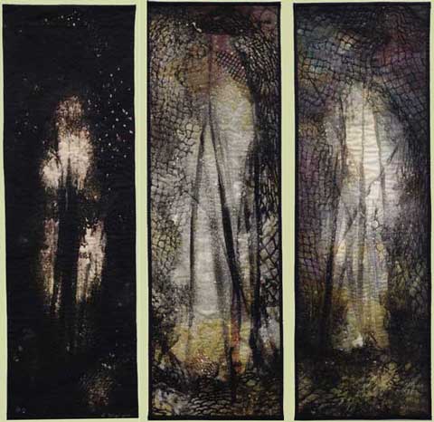 Image of "Choices and Pathways 6" triptych quilt by Deborah Gregory.